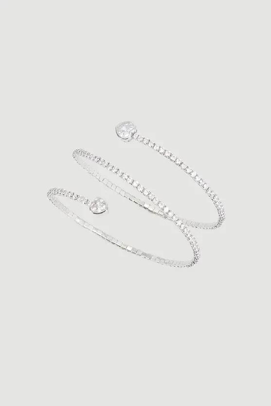 Double Row Heart Detail Crystal Cuff Bracelet - Silver - 1