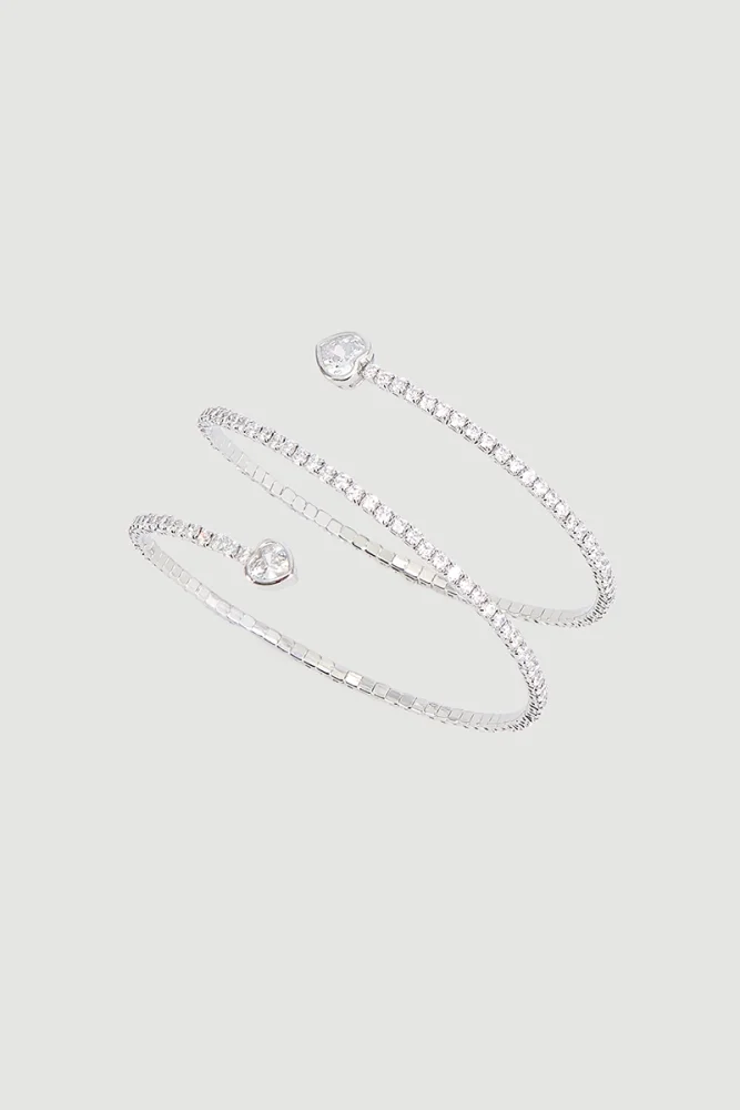Double Row Heart Detail Crystal Cuff Bracelet Silver Silver