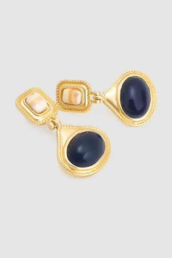 Double Stone Gold Earrings - Gold - 4