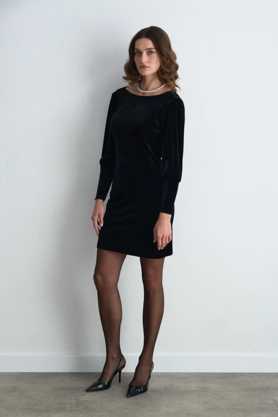 Draped Back Mini Velvet Dress Black - 5