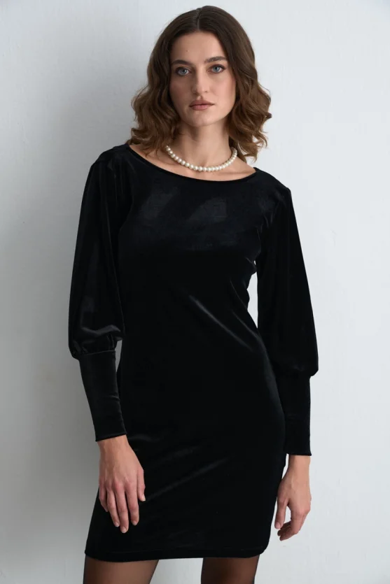 Draped Back Mini Velvet Dress Black - Gusto