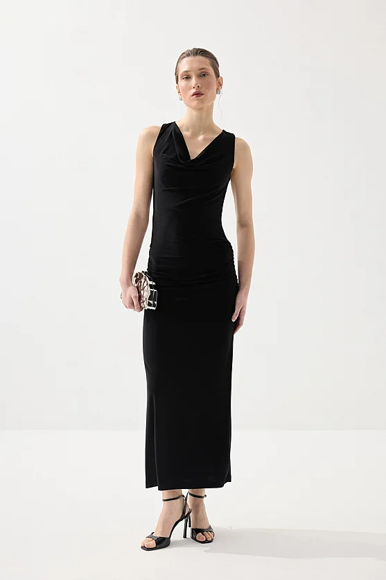 Draped Neck Back Lace Long Evening Dress - Black - Gusto