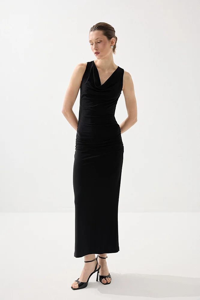 Draped Neck Back Lace Long Evening Dress - Black - Gusto (1)