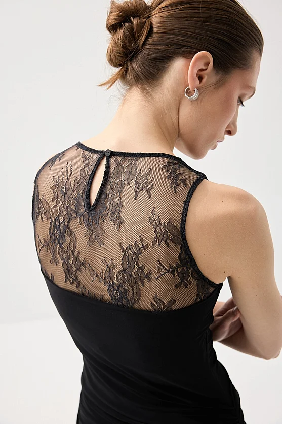 Draped Neck Back Lace Long Evening Dress - Black - 5