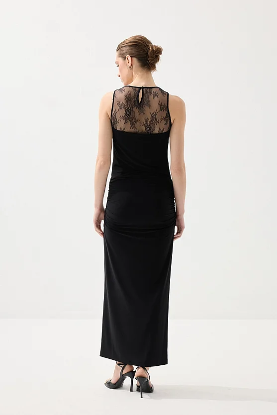 Draped Neck Back Lace Long Evening Dress - Black - 7