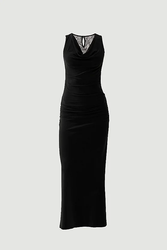 Draped Neck Back Lace Long Evening Dress - Black - 6