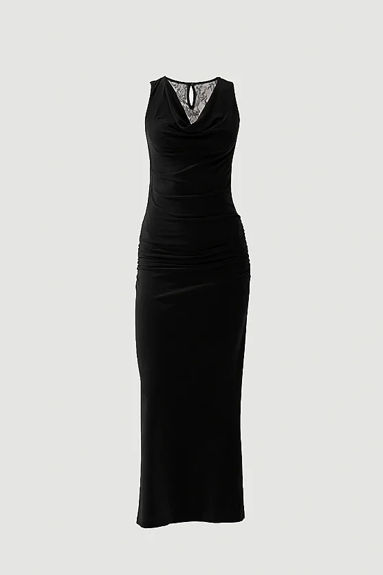 Draped Neck Back Lace Long Evening Dress - Black - 7
