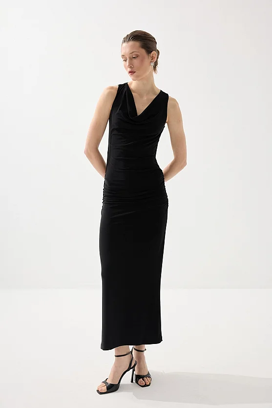 Draped Neck Back Lace Long Evening Dress - Black - 2
