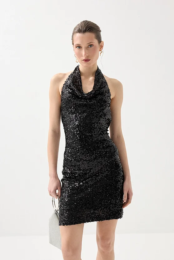 Draped Neck Sequin Premium Evening Dress - Black - Gusto
