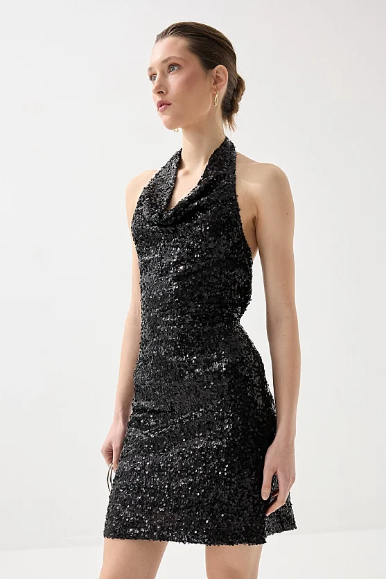 Draped Neck Sequin Premium Evening Dress - Black - Gusto