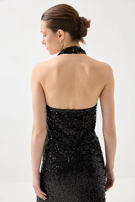 Draped Neck Sequin Premium Evening Dress - Black - 6