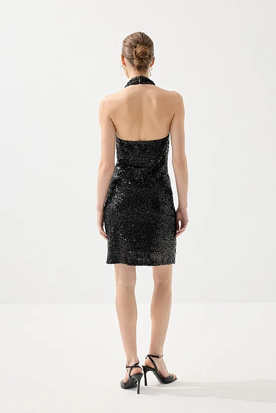 Draped Neck Sequin Premium Evening Dress - Black - 7