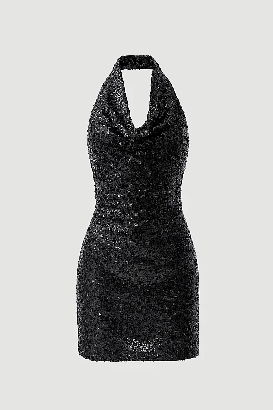 Draped Neck Sequin Premium Evening Dress - Black - 8