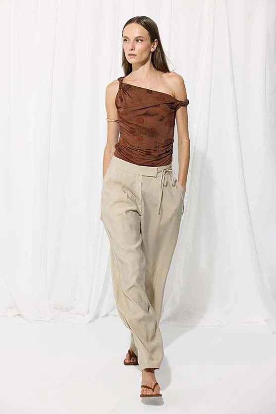 Drawstring Belt Modal Trousers - Stone - Gusto