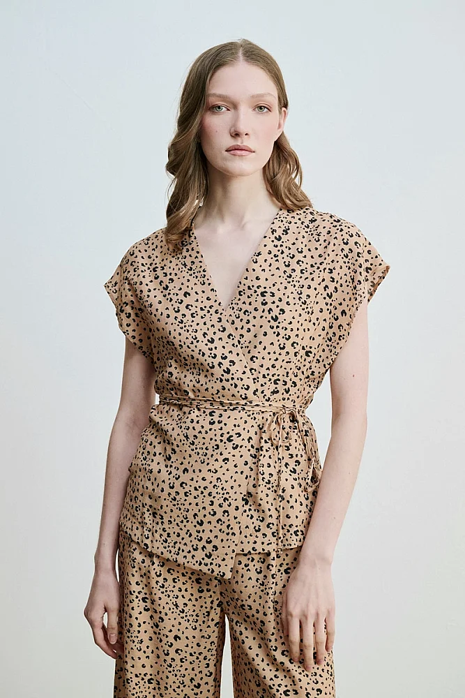 Drawstring Belt Wrap Leopard Print Blouse - Camel Camel
