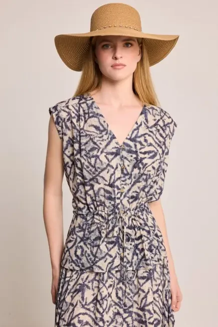 Drawstring Gathered Printed Blouse - Beige Beige