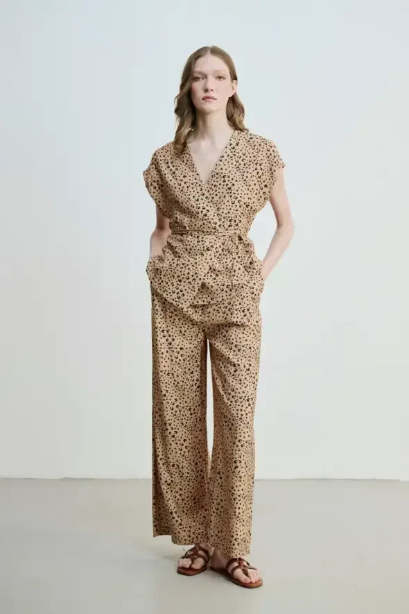 Drawstring Waist Belted Wrap-Around Leopard Blouse - Camel - 2