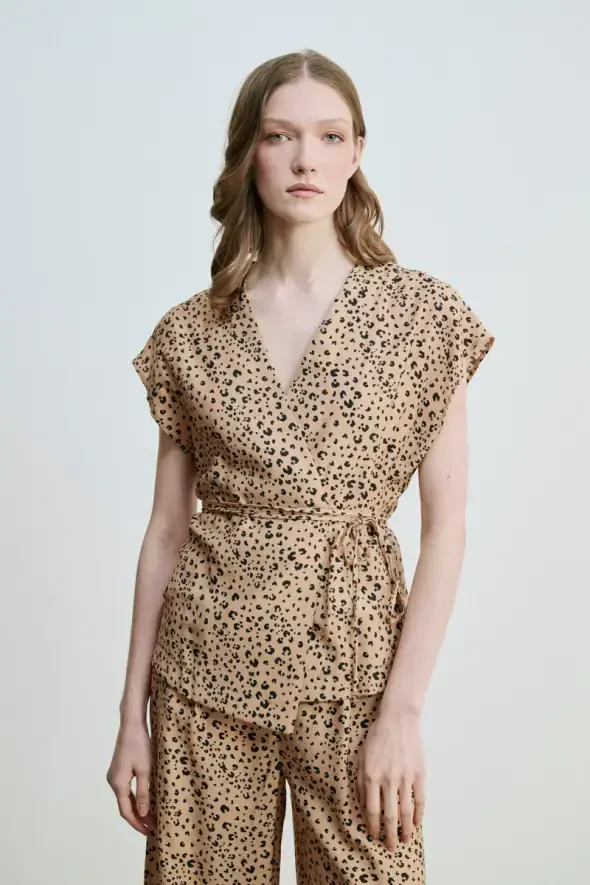 Drawstring Waist Belted Wrap-Around Leopard Blouse - Camel - 1