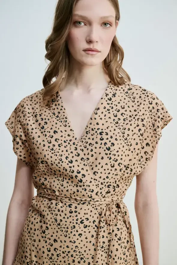 Drawstring Waist Belted Wrap-Around Leopard Blouse - Camel - 3
