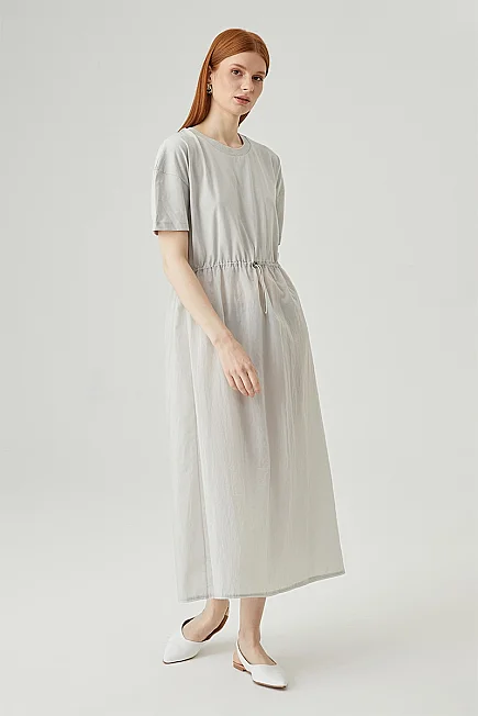 Drawstring Waist Maxi Dress - Grey - Gusto