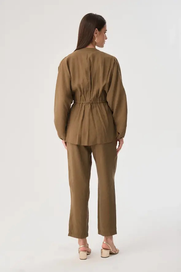 Drawstring Waist Modal Shirt Jacket - Khaki - 6