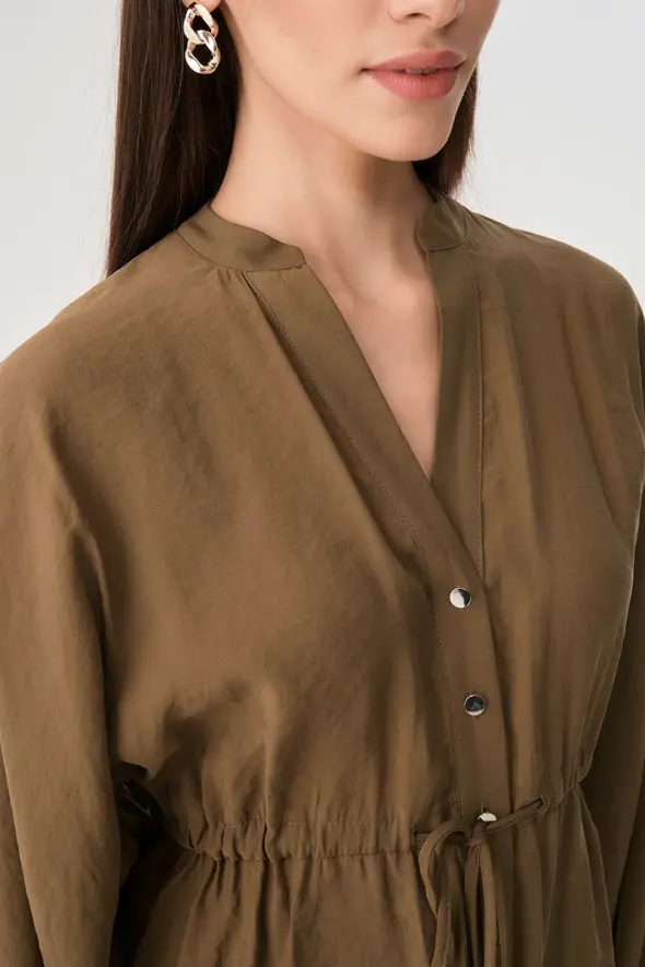 Drawstring Waist Modal Shirt Jacket - Khaki - 5