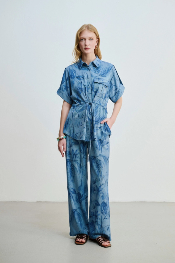 Drawstring Waist Patterned Denim-Look Shirt - Blue - 2