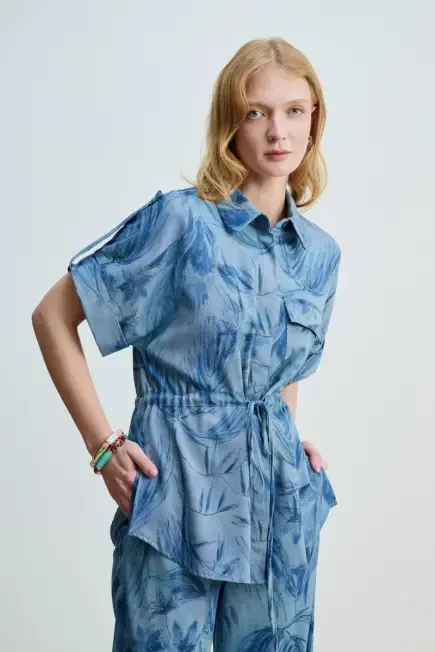 Drawstring Waist Patterned Denim-Look Shirt - Blue Blue