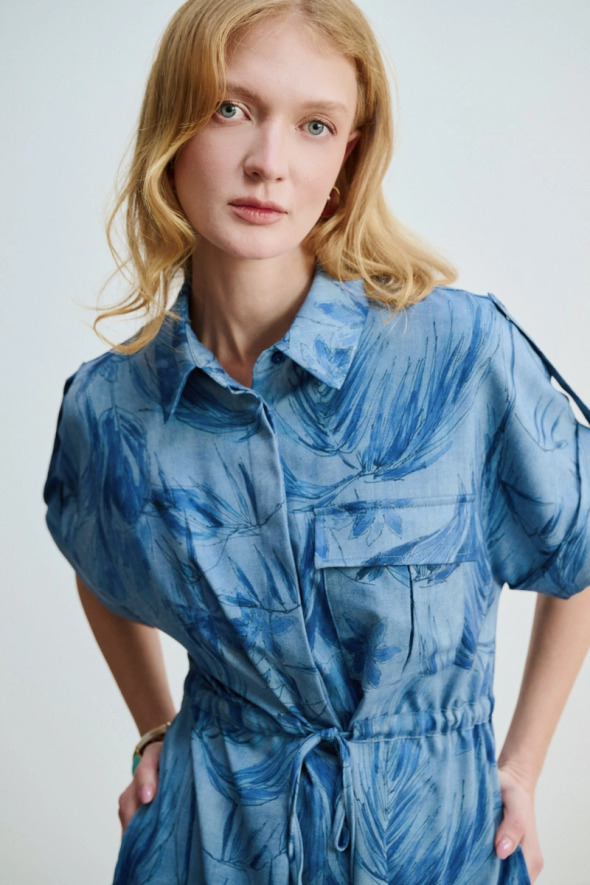 Drawstring Waist Patterned Denim-Look Shirt - Blue - 3