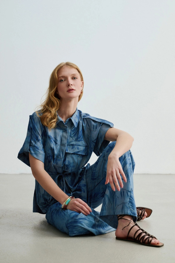 Drawstring Waist Patterned Denim-Look Shirt - Blue - 4