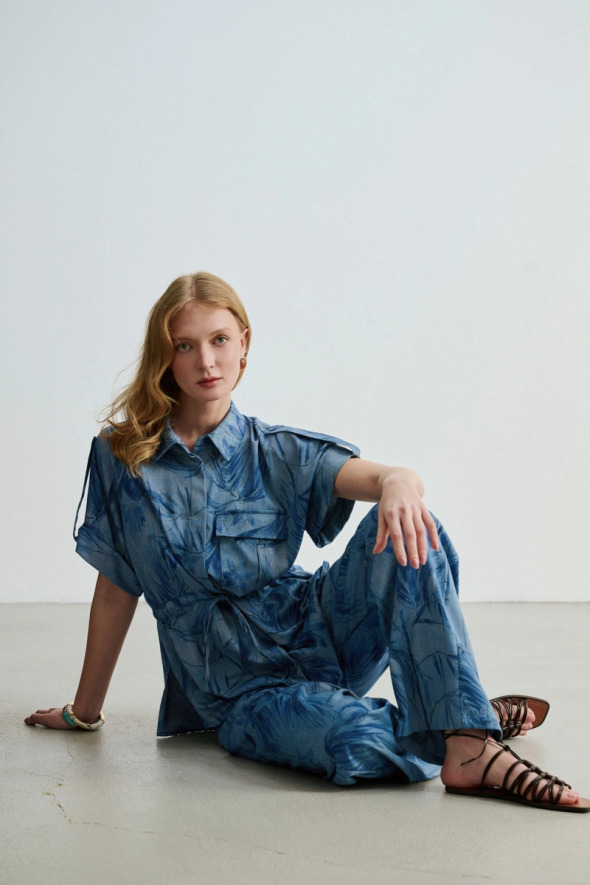 Drawstring Waist Patterned Denim-Look Shirt - Blue - 5