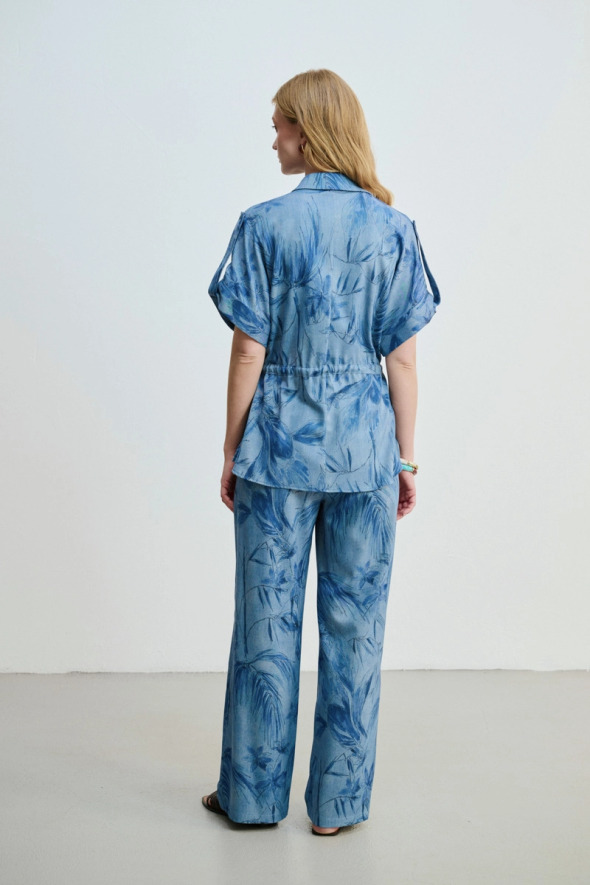 Drawstring Waist Patterned Denim-Look Shirt - Blue - 6