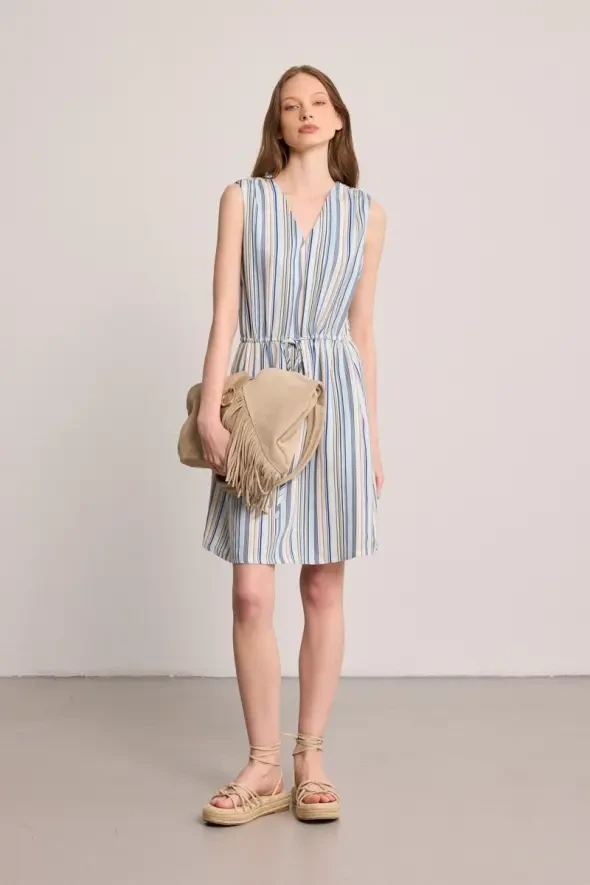 Drawstring Waist Striped Mini Linen Dress - Blue - 1