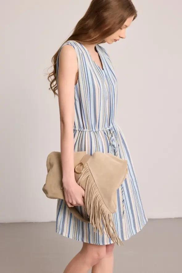 Drawstring Waist Striped Mini Linen Dress - Blue - 2