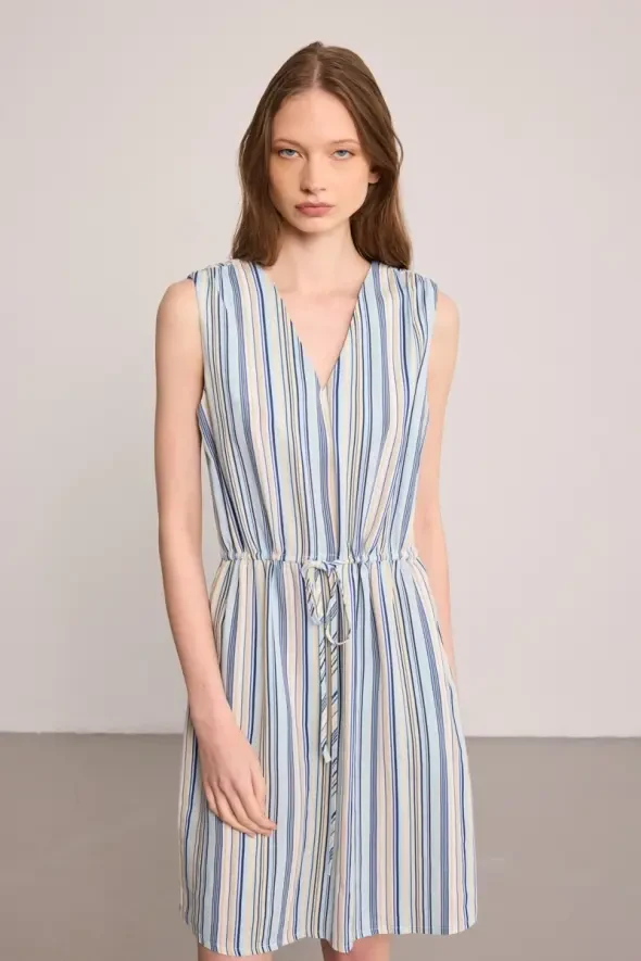 Drawstring Waist Striped Mini Linen Dress - Blue - 3