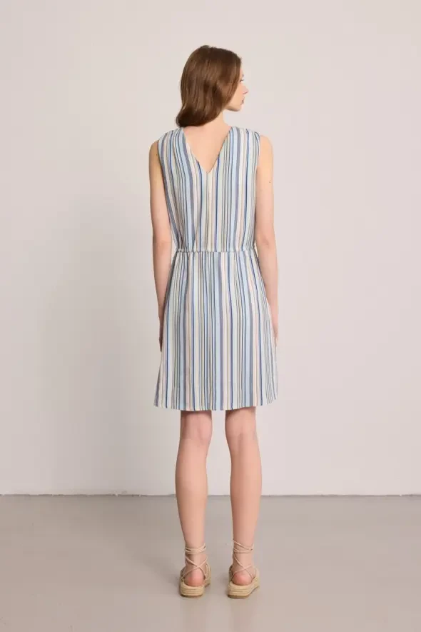 Drawstring Waist Striped Mini Linen Dress - Blue - 4