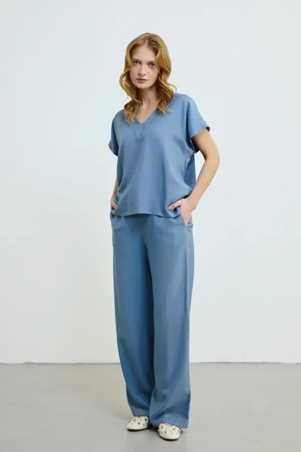 Drawstring Waist Wide Leg Pants - Blue - 1