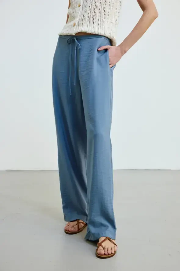 Drawstring Waist Wide Leg Pants - Blue - 2