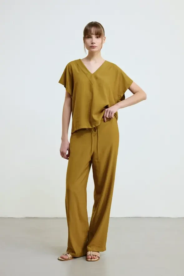 Drawstring Waist Wide Leg Pants - Green - 2
