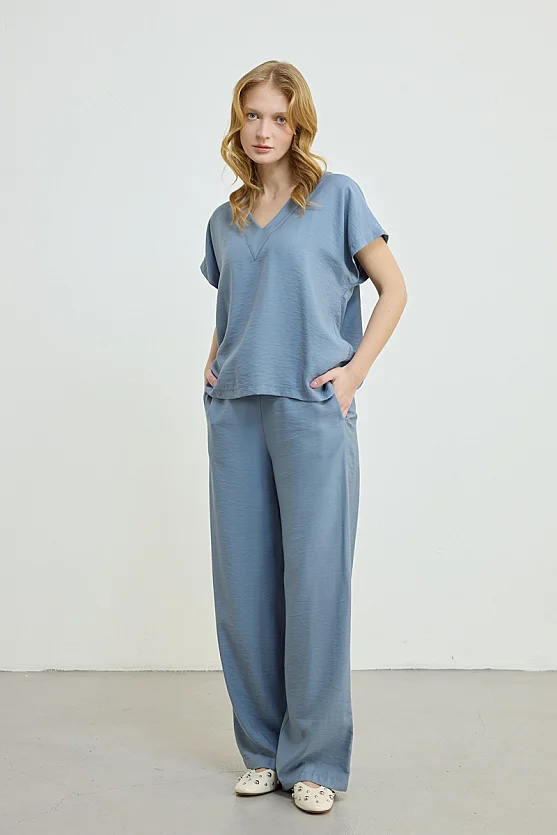 Drawstring Waist Wide Leg Trousers - Blue - Gusto