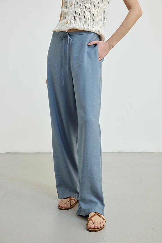 Drawstring Waist Wide Leg Trousers - Blue - Gusto