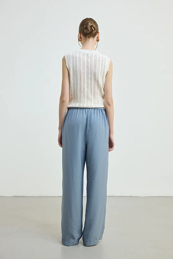 Drawstring Waist Wide Leg Trousers - Blue - Gusto