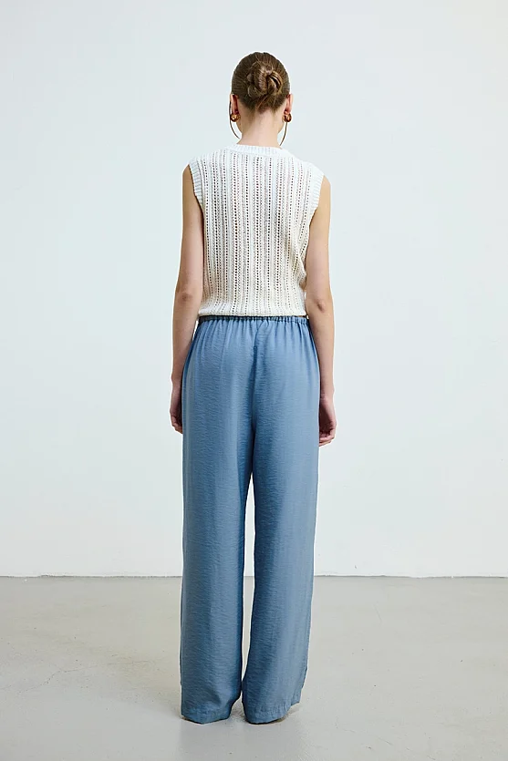 Drawstring Waist Wide Leg Trousers - Blue - Gusto