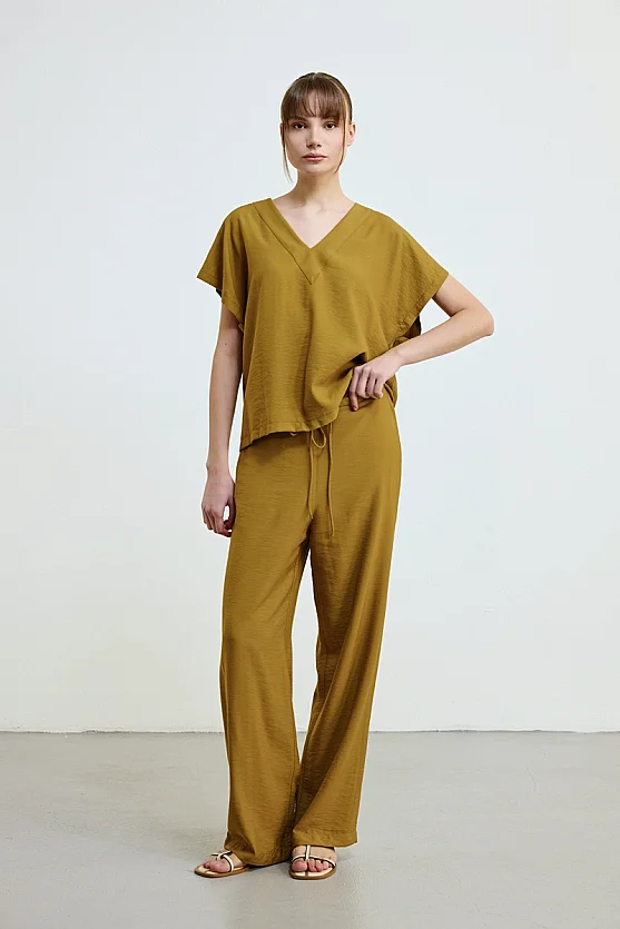 Drawstring Waist Wide Leg Trousers - Green - Gusto