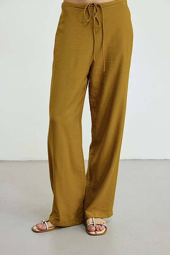 Drawstring Waist Wide Leg Trousers - Green - Gusto
