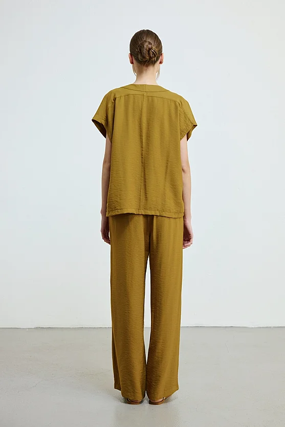 Drawstring Waist Wide Leg Trousers - Green - Gusto