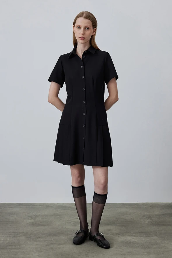 Dress with Pleated and Button - Black - 1