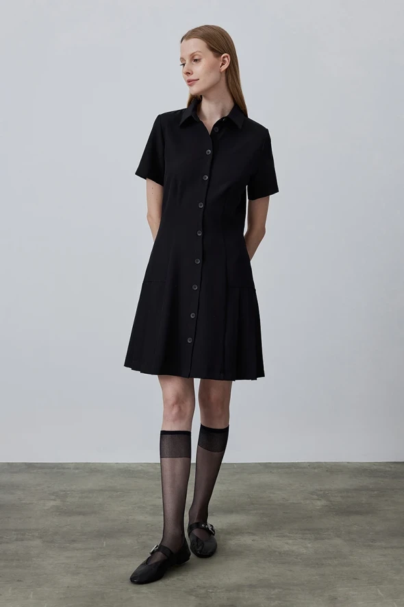 Dress with Pleated and Button - Black - 2