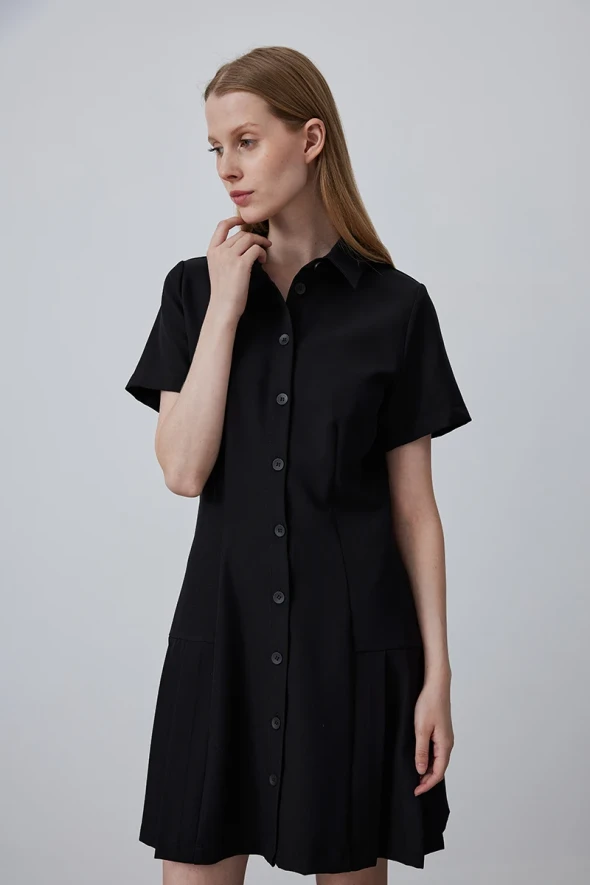 Dress with Pleated and Button - Black - 3