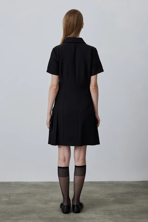 Dress with Pleated and Button - Black - 5